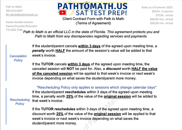 Cancelation and rescheduling Policies: Half the cost of the session for canceling within 3 days of the session; 25% of the cost